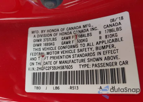 2018 Honda Civic from USA, damaged, VIN 28GFC2F59JH587605
